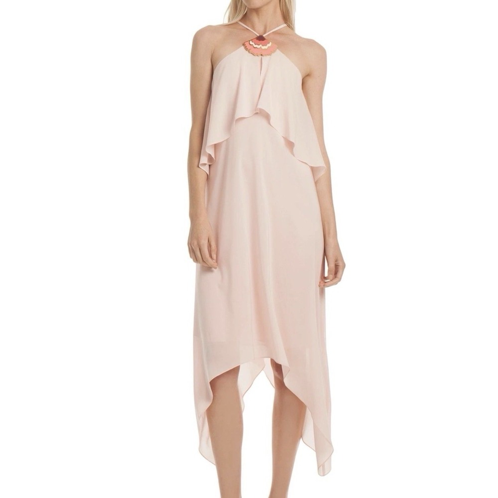 TRINA TURK Sz 8 Pink Silk Blend MEDALLION HALTER DRESS Fairy Coquette READ